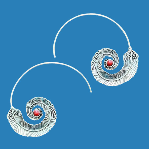 Medium Silver Feather Spiral Earrings in Red or Turquoise Blue #687 - Picture 4 of 15